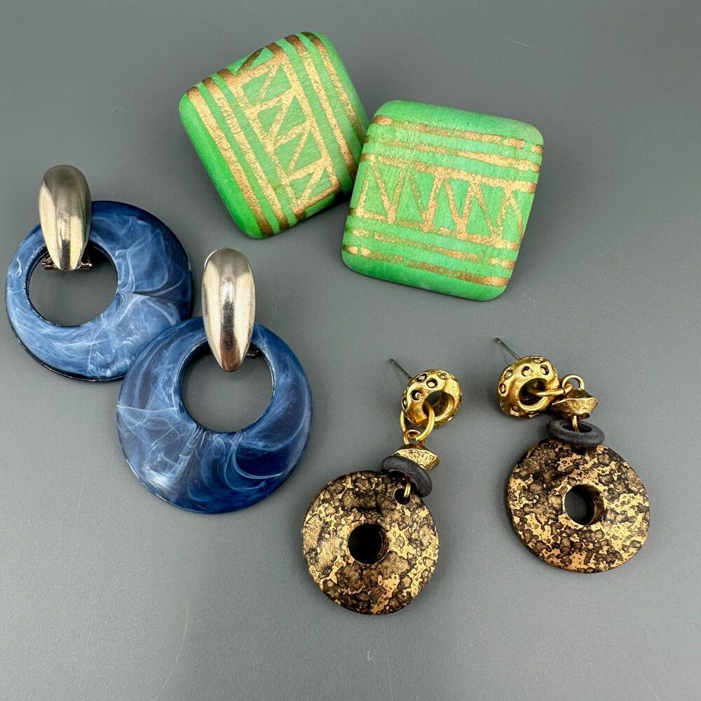 Vintage Boho Earrings Lot Green Wood Blue Marbled Acrylic Gold Tone Dangle